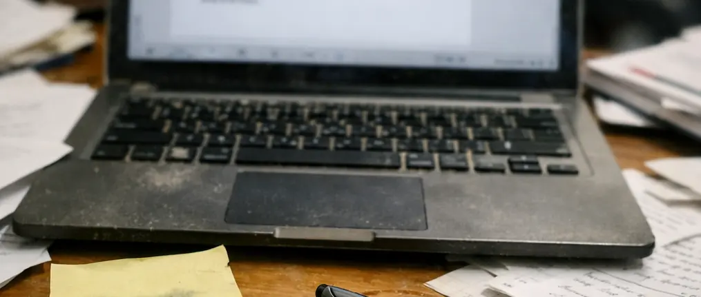Editorial desk with notes and drafts