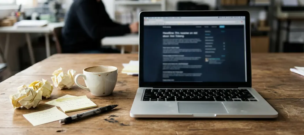 Editorial desk with notes and drafts scattered beside a laptop showing the post title “Why